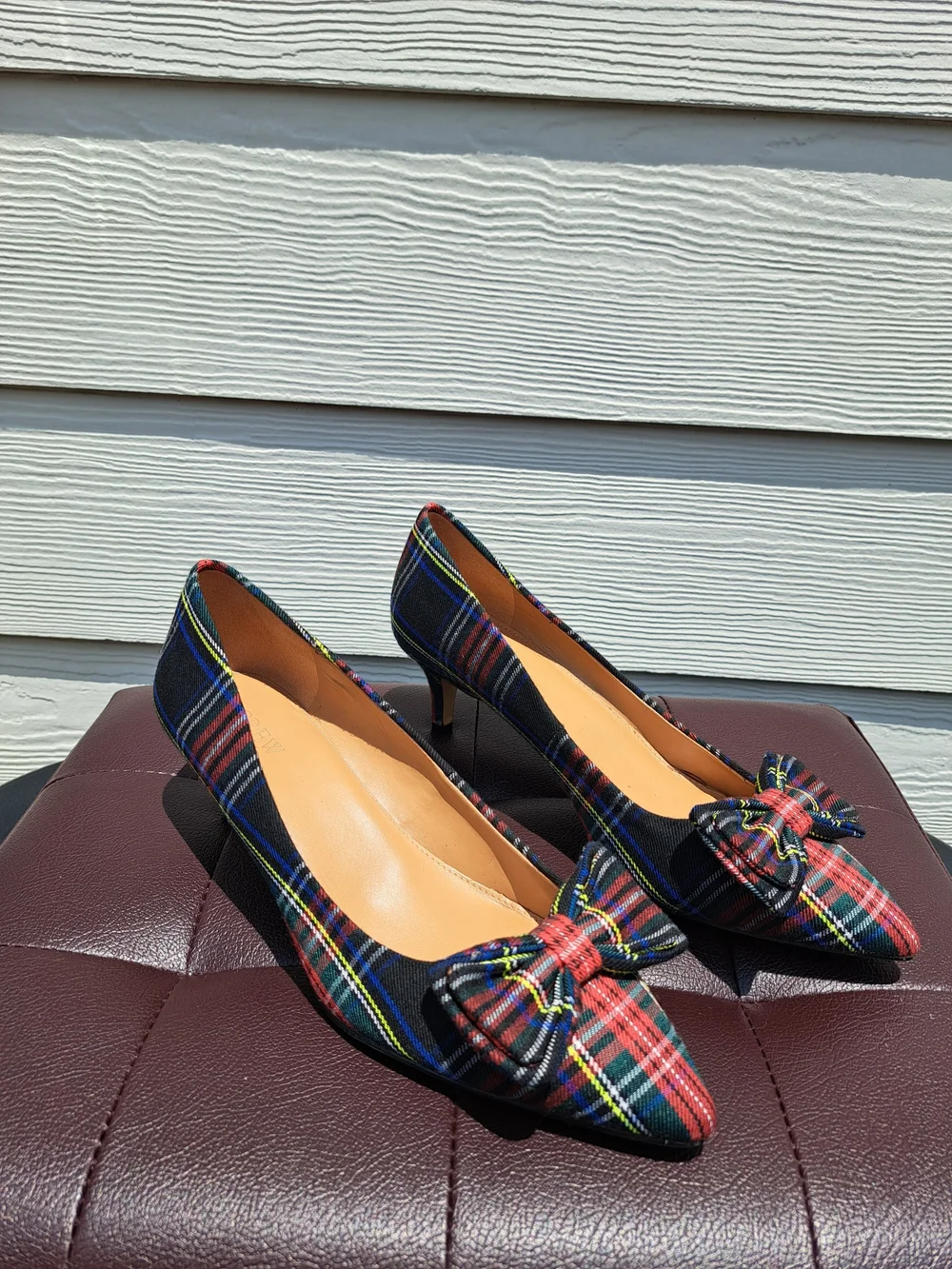 J. CREW Plaid Bow Pointed-Toe Kitten Heel Pumps - Multicolor